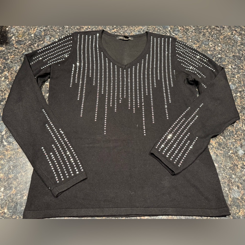 Carolyn Taylor Black V-Neck Sweater with Silver Accents